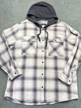 Trinity Coast Hooded Flannel Shirt Mens 2XL Gray Plaid Lightweight Button Front